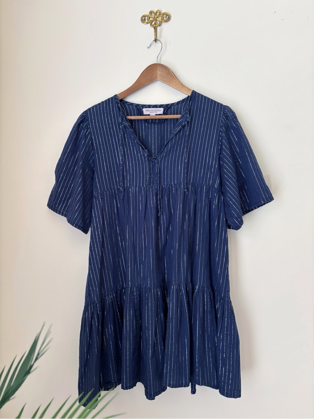 Emerson Fry India Collection Blue Metallic Stripe Isla Tiered Dress XS Coastal